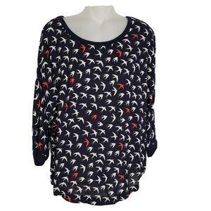 Anthropologie Maeve Women Top Sz 4 Blue White Bird Print Zip Back Rayon Novelty